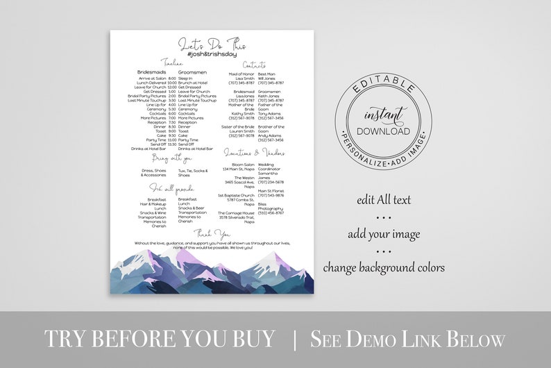 Wedding Party Timeline & Itinerary, Groomsmen, Bridesmaid, Wedding Day Plan, Winter Mountain Range, Printable Template, Corjl ANDES PPW420 image 2