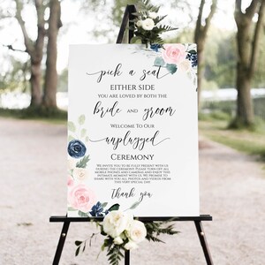 Unplugged Wedding Ceremony Sign, Pink and Blue Floral Pick a Seat Sign, 100% Editable PPW265 OLEA image 1