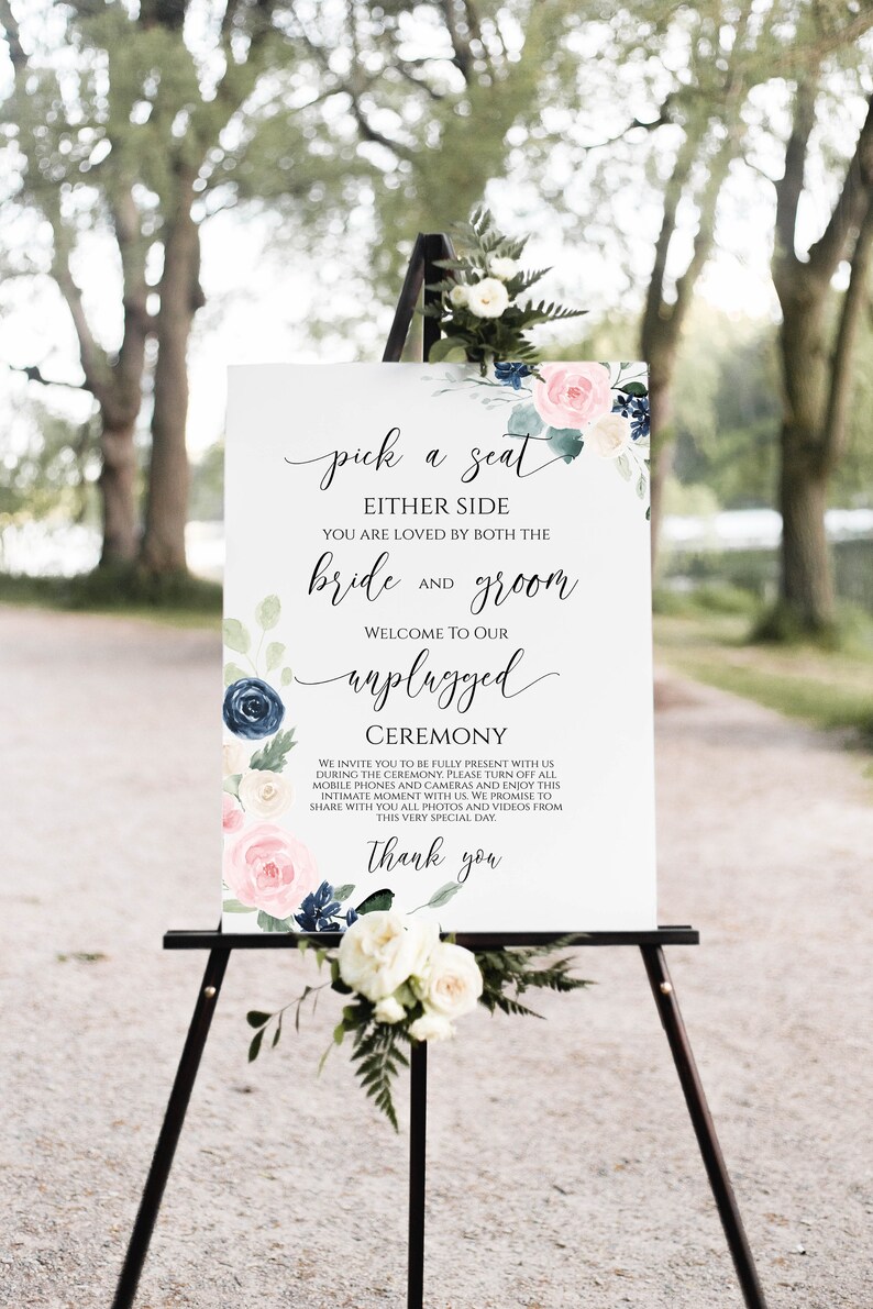 Unplugged Wedding Ceremony Sign, Pink and Blue Floral Pick a Seat Sign, 100% Editable PPW265 OLEA image 1