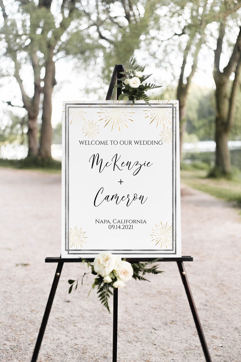 Gold and Silver Wedding Welcome Sign, Wedding Sign, Ceremony Display, Easel Sign, Gold Sunburst Fireworks Template Editable Corjl PPW-NY21 image 5