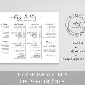 Wedding Party Timeline, Printable Wedding Day Schedule, Groomsmen Itinerary, Bridesmaid Agenda 100% Editable, Landscape Format PPW0550 Grace image 2