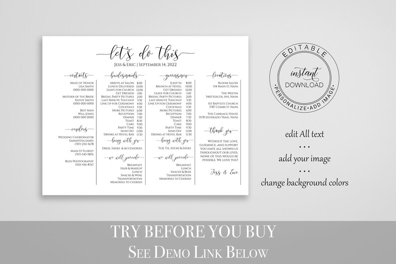 Wedding Party Timeline, Printable Wedding Day Schedule, Groomsmen Itinerary, Bridesmaid Agenda 100% Editable, Landscape Format PPW0550 Grace image 2