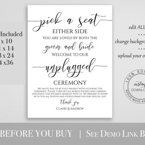 Pick a Seat Unplugged Wedding Ceremony Sign, No Pictures, No Photos Please, Wedding Welcome Sign Template 100% Editable PPW0550 Grace image 4