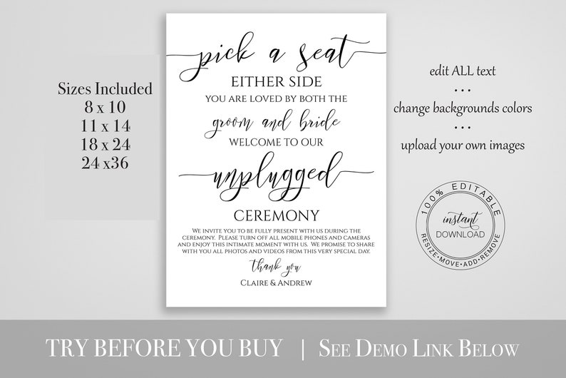 Pick a Seat Unplugged Wedding Ceremony Sign, No Pictures, No Photos Please, Wedding Welcome Sign Template 100% Editable PPW0550 Grace image 4