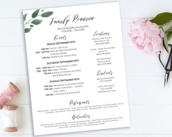 Event Itinerary & Details, Greenery Family Reunion Weekend Printable, Work Event Plan, Team Building Schedule, Editable  PPW0450