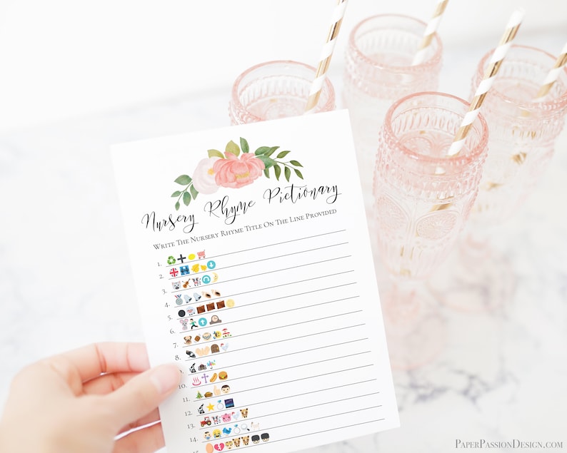 Emoji Nursery Rhyme Quiz, Pink Floral Baby Shower Game, Pink Baby Girl Theme, Printable Game PPB0230 zdjęcie 8