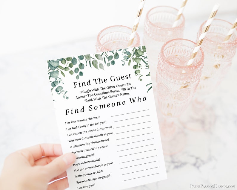 Greenery Find the Guest Game Template, Baby Shower Printable Editable PPB0440 image 9