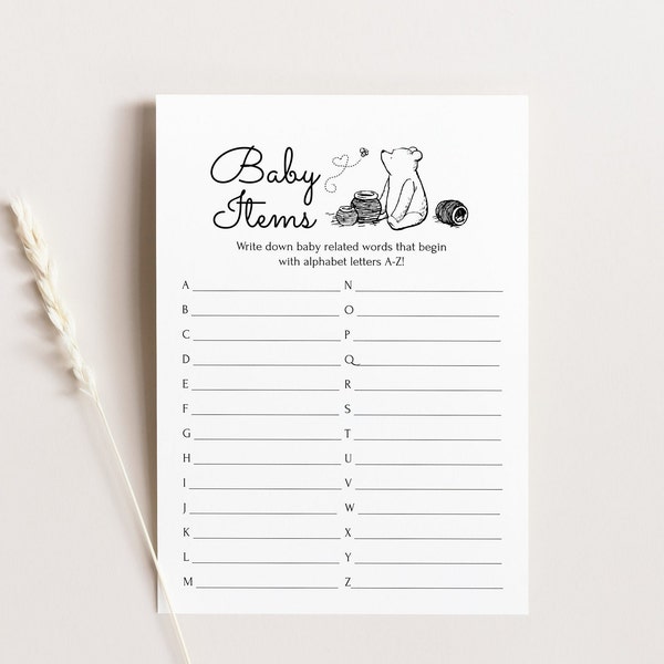 Winnie the Pooh Baby Items A-Z Baby Shower Game Template, Baby ABC's Game, Classic Pooh, Editable Printable PPB321 ROBIN