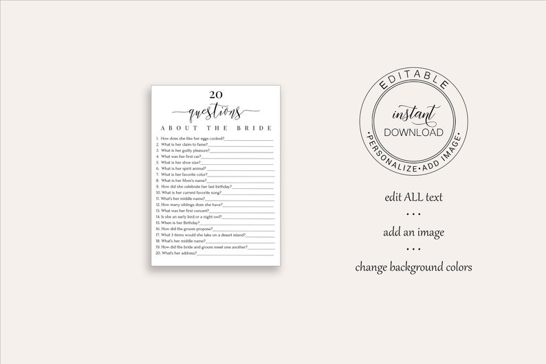 Minimalist Bridal Shower Game 20 Questions About the Bride Etsy