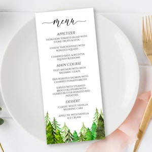 Pine Tree Menu Template, Printable Dinner Menu, Wedding Menu, Editable Template, Corjl LINDEN PPW410 image 1