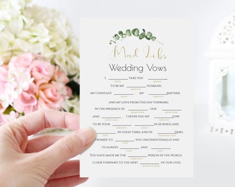 Greenery Mad Libs Wedding Vows Template, Gold Bridal Shower Game Activity, Editable, PPW0445