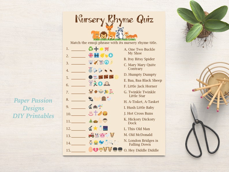 Emoji Nursery Rhyme Quiz Woodland Animal Baby Shower Game Gender Neutral Theme Printable Game 0046 image 2