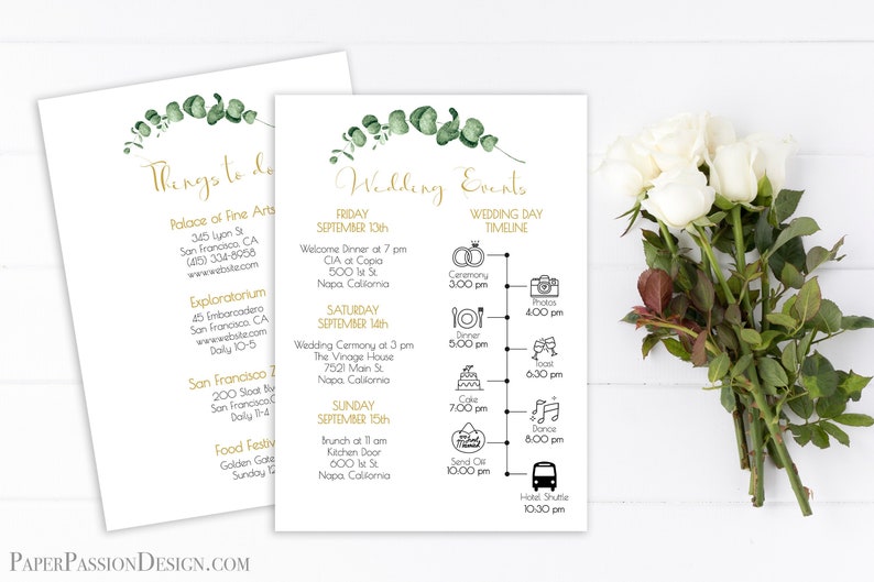 Gold Frame Greenery Wedding Weekend Schedule of Events Timeline, Out of Town Guests Things To Do Printable Editable PPW0445 image 3