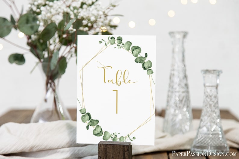 Greenery Wedding Table Number Template, Gold Geometric Table Decor, Printable Editable PPW0445 image 1