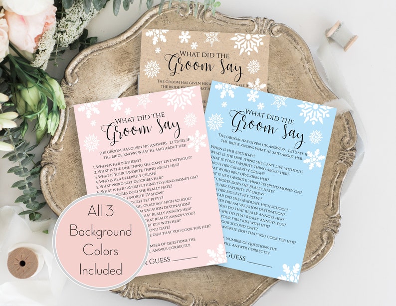 Snowflake Bridal Shower Game Template, What Did The Groom Say Game, Editable Printable, Personalize Corjl NEVE PPW300hat image 1