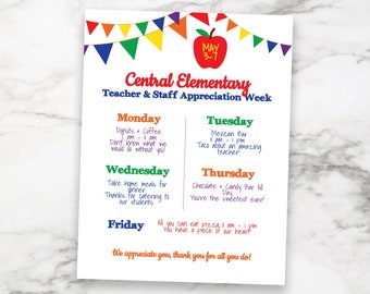 Teacher Appreciation Week Itinerary, Daily Schedule Events, Virtual, Printable, Personalized Editable Template TAW120