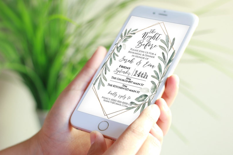 Wedding Rehearsal Dinner Invite, The Night Before Electronic Invitation, Evite, Digital, Text Message, Gold and Greenery, Template CEDAR-N4 image 1