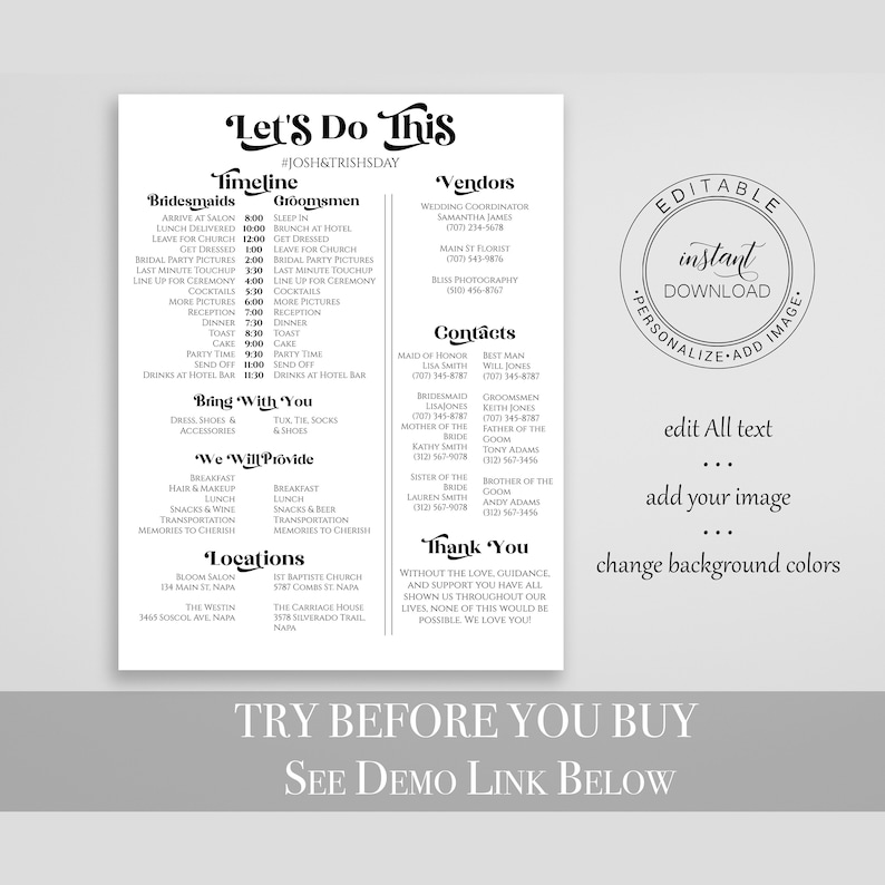 Wedding Party Timeline Template, Wedding Day Schedule Printable , Modern Retro Agenda, Pesonalize Editable PPW74 image 2