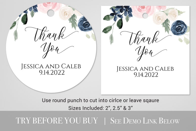 Pink and Blue Floral Favor Tag, Wedding Favor Template, Bridal Shower Label, Baby Shower Sticker 100% Editable PPW265 OLEA image 2