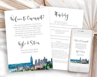 Cincinnati Wedding Welcome Card and Itinerary, Out of Town Guest, Wedding Schedule, Timeline Card. Wedding Printable, Editable  PPW71