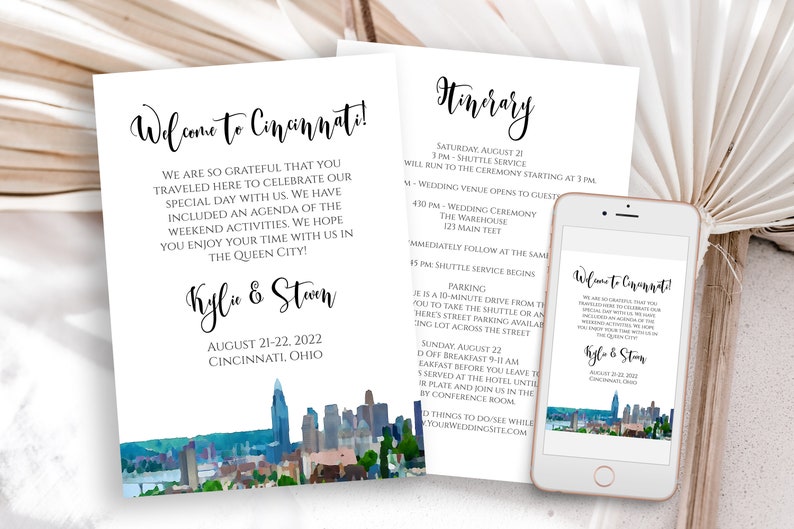 Cincinnati Wedding Welcome Card and Itinerary, Out of Town Guest, Wedding Schedule, Timeline Card. Mariage imprimable, modifiable PPW71 image 1