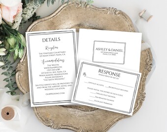 Silver Wedding RSVP Card, Details Card, Elegant Wedding Enclosures, Modern Wedding Editable Template, Corjl PPW-NY21S