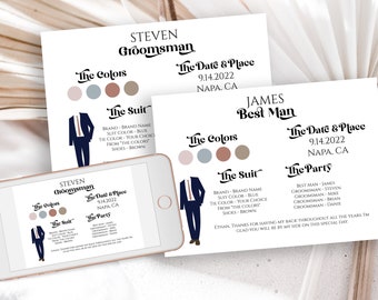 Retro Groomsman Information Card, Printable Best Man Details, Modern Font Wedding Party Detail Cards Editable PPW74