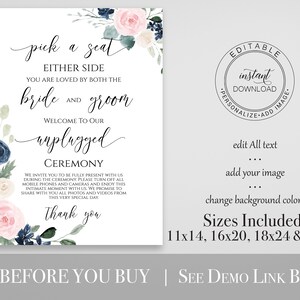 Unplugged Wedding Ceremony Sign, Pink and Blue Floral Pick a Seat Sign, 100% Editable PPW265 OLEA image 2