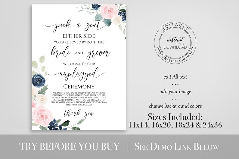 Unplugged Wedding Ceremony Sign, Pink and Blue Floral Pick a Seat Sign, 100% Editable PPW265 OLEA image 2