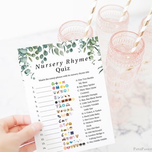 Emoji Nursery Rhyme Quiz Greenery Eucalyptus Baby Shower Game Green Foliage Gender Neutral Theme Printable Game PPB0440 image 2