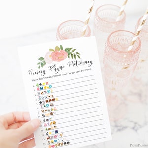 Emoji Nursery Rhyme Quiz, Pink Floral Baby Shower Game, Pink Baby Girl Theme, Printable Game PPB0230 zdjęcie 2