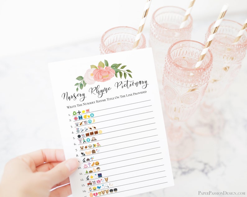 Emoji Nursery Rhyme Quiz, Pink Floral Baby Shower Game, Pink Baby Girl Theme, Printable Game PPB0230 image 2