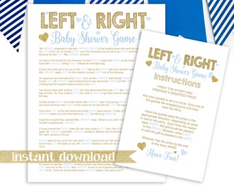 Gold Glitter Left Right Story Game ~ Blue and Gold Baby Shower ~ Baby Boy Hearts ~ Printable Game 5GL_BG