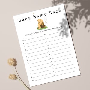 Juegos de Baby Shower de Winnie the Pooh, Descarga Instantánea, Pooh Clásico, Carrera de Nombres de Bebé, Oso de Miel Editable Imprimible PPB320 WINNIE