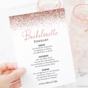 Vrijgezellenweekendroute, volgorde van evenementen voor vrijgezellenfeesten, schema voor bruidsdouches, roségouden glitter, detailskaart, Corjl PPW90 PPW92