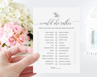 Wedding Bridal Would She Rather Game Template, Bridal Shower Game, Rustic Modern Elegant Design, Printable Editable, PPW0560