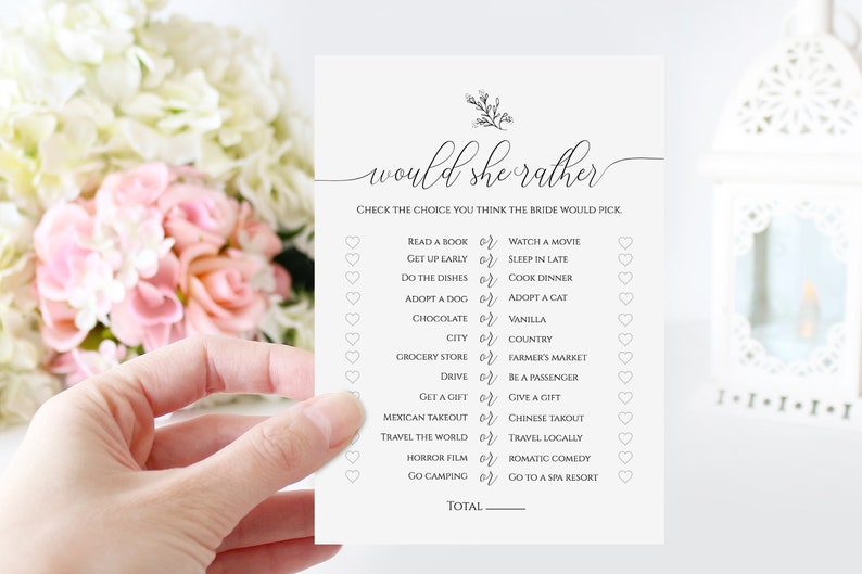 Wedding Bridal Would She Rather Game Template, Bridal Shower Game, Rustic Modern Elegant Design, Printable Editable, PPW0560 image 1