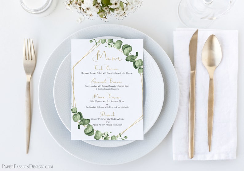 Greenery Wedding Reception Menu Template, Gold Geometric Table Decor, Printable Editable PPW0445 image 1