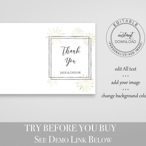 Gold and Silver Thank You Card, Wedding Thank You Printable, Elegant Calligraphy, Sunburst Fireworks Editable Template, Corjl PPW-NY21 image 2