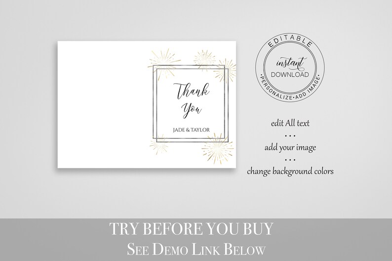 Gold and Silver Thank You Card, Wedding Thank You Printable, Elegant Calligraphy, Sunburst Fireworks Editable Template, Corjl PPW-NY21 image 2