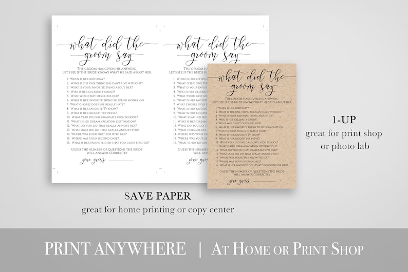 What Did The Groom Say Template, Bridal Game Activity, Rustic Modern Elegant Design Printable Editable, PPW0550 Grace image 4