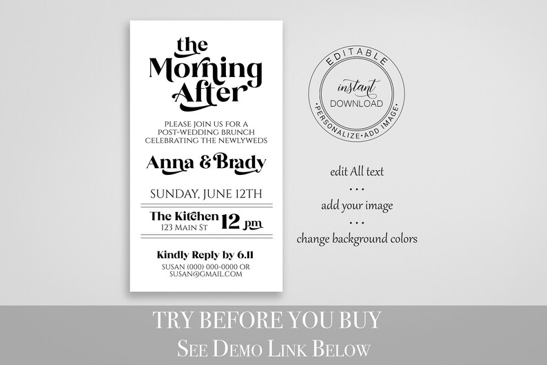 The Morning After Evite, Wedding Brunch Announcement, Electronic Invitation, Modern Retro Design, 100% Editable Template, Corjl PPW74 image 2