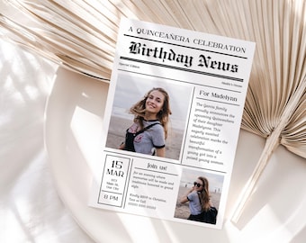 Zeitung Quinceaño Geburtstagseinladungs-Ankündigungsvorlage: Bearbeitbar in Canva (Digitaler Download) NEWS25004