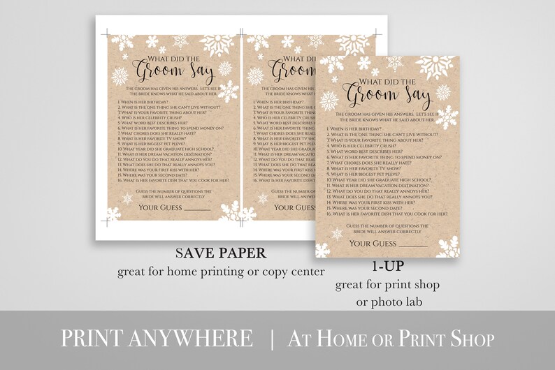 Snowflake Bridal Shower Game Template, What Did The Groom Say Game, Editable Printable, Personalize Corjl NEVE PPW300hat image 3