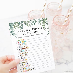 Emoji Nursery Rhyme Quiz Greenery Eucalyptus Baby Shower Game Green Foliage Gender Neutral Theme Printable Game PPB0440 image 7