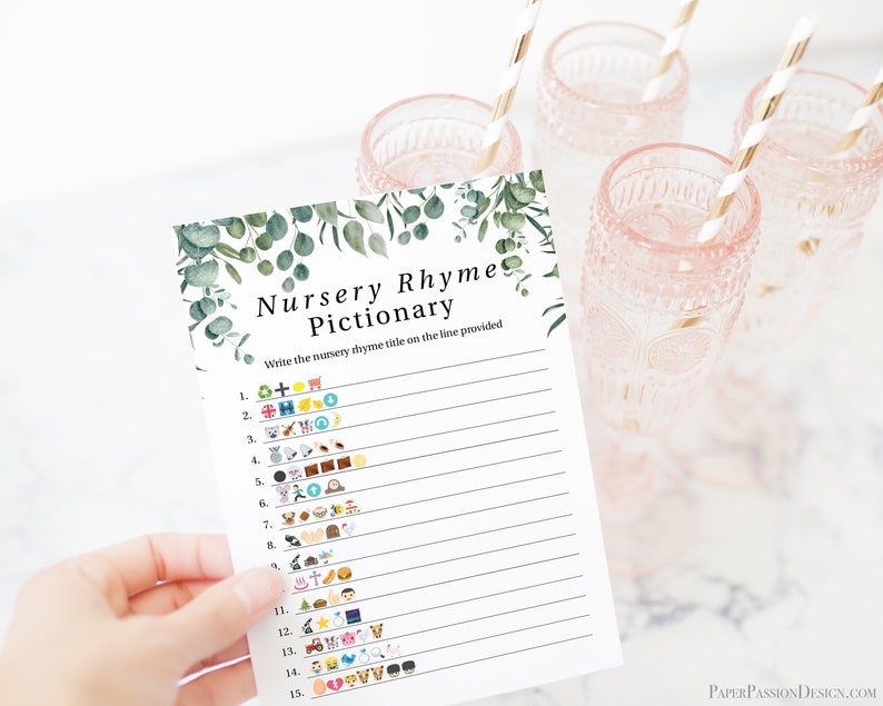 Emoji Nursery Rhyme Quiz Greenery Eucalyptus Baby Shower Game Green Foliage Gender Neutral Theme Printable Game PPB0440 image 7