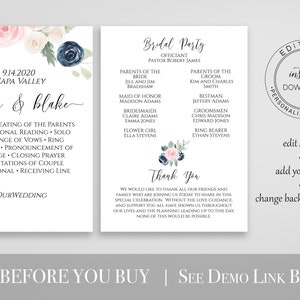 Wedding Ceremony Program Template, Pink and Blue Floral Program, Printable, Personalized, 100% Editable PPW265 OLEA image 2