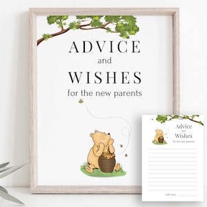 Plantilla de tarjeta y letrero de baby shower de Winnie the Pooh, consejos para bebés, deseos de bebé, Pooh clásico, oso de miel editable imprimible PPB320 WINNIE