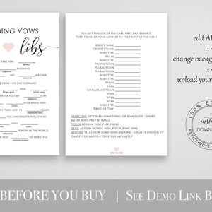 Wedding Vows Mad Libs Template, Bridal Shower Game, Rustic Modern Elegant DesigN, Editable PPW0550 Grace image 2