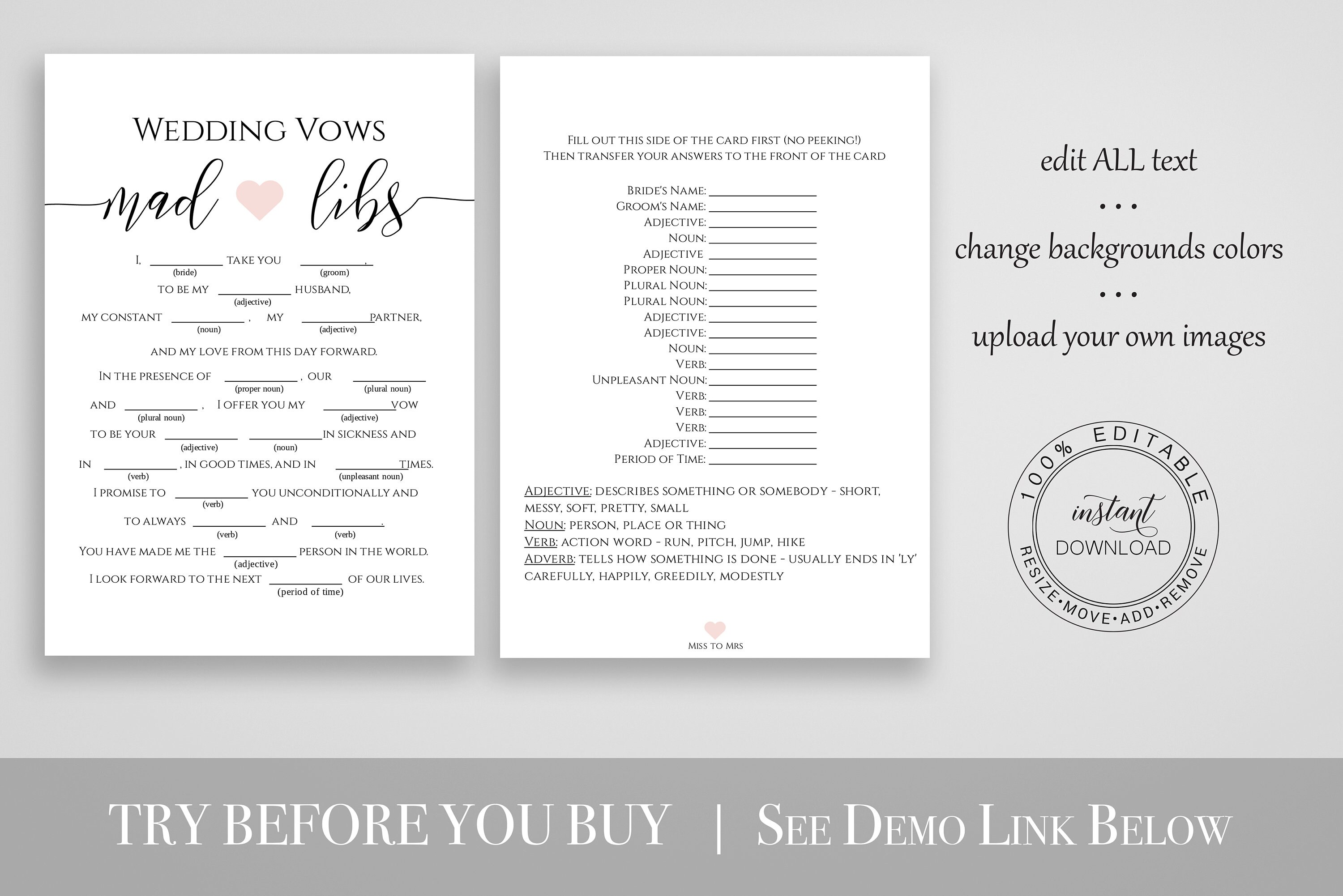 Wedding Vows Mad Libs Template Bridal Shower Game Rustic Etsy